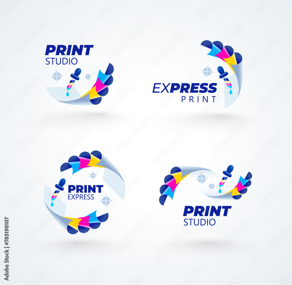 Set logo. Cmyk Print logotype. Cmyk sheets of paper and pipette ink ...