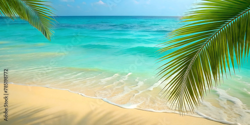Tropical beach background with ocean, white sand. Travel and beach vacation, copy space for text. © Kateryna Shyntiapko