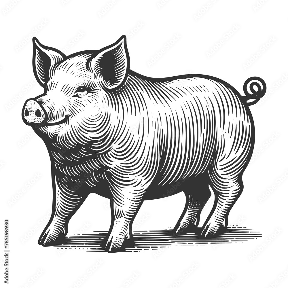 Fototapeta premium Fat pig in a vintage engraving style, with detailed shading and textures sketch engraving generative ai fictional character raster illustration. Scratch board imitation. Black and white image.