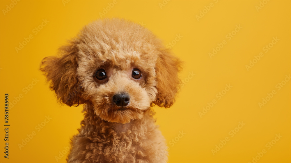 poodle cub with adorable facial expression on blank yellow background poodle cub with adorable facial expression on blank yellow background