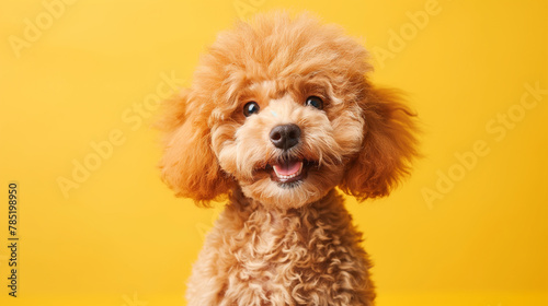 poodle cub with adorable facial expression on blank yellow background