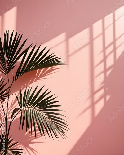 Blurred palm leaves cast a delicate pattern on a pink wall  create a minimal abstract background Ideal for product presentation  emanating the feel of spring and summer