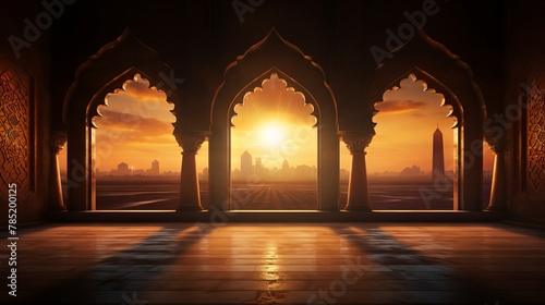 Golden hour glow  stunning mosque window at sunset during ramadan  