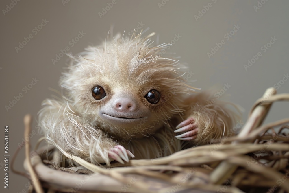 Naklejka premium A heartwarming image of a fluffy baby sloth grinning
