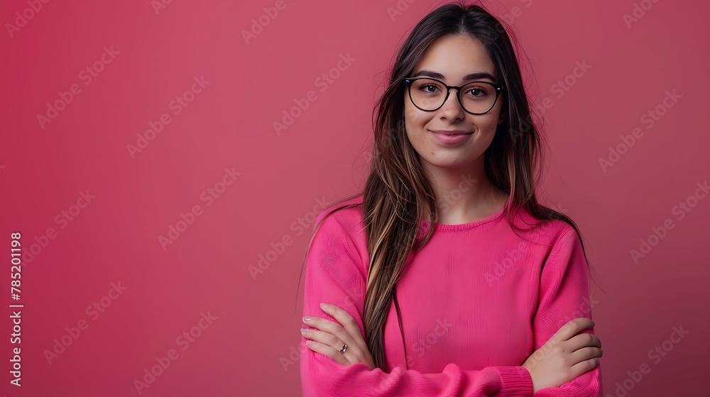 A happy millennial woman with glasses, posing with folded hands, on a solid fuchsia background, radiating positivity