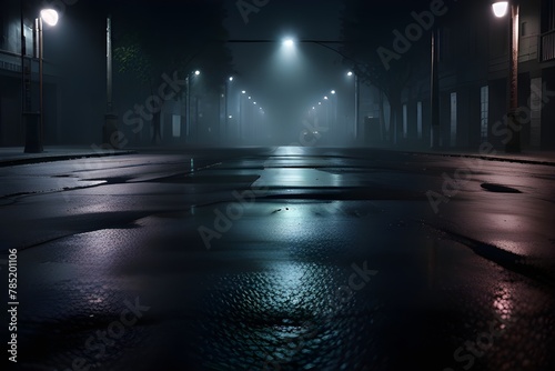 Wet asphalt, reflection of neon lights, a searchlight, smoke. Abstract light in a dark empty street with smoke, smog. Dark background scene of empty street, night view, night city. Generative AI