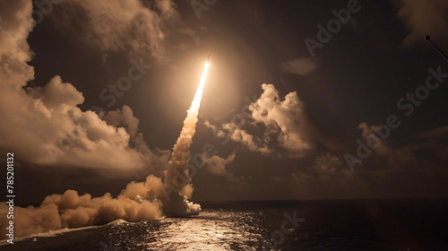 Cruise Missile Flight at Twilight Over Ocean Missile in Night Sky Over Illuminated Cityscape Nighttime Missile Launch with Urban Backdrop