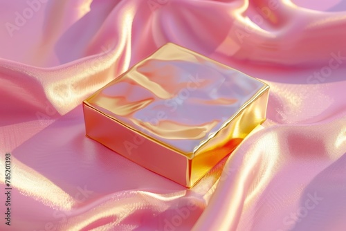 Pink silk draped over a reflective gold cube photo