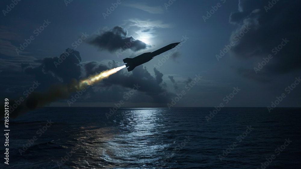 Fototapeta premium Cruise Missile Flight at Twilight Over Ocean Missile in Night Sky Over Illuminated Cityscape Nighttime Missile Launch with Urban Backdrop
