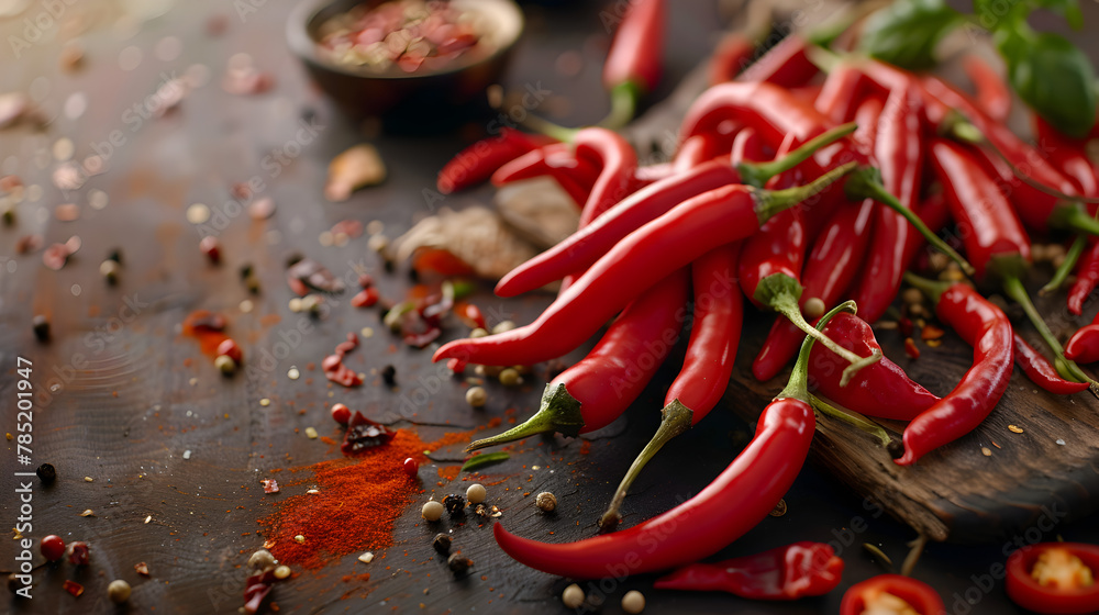 A cluster of bright red chili peppers on a wooden surface with scattered spices and herbs

