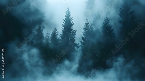 Mystic Fog Enshrouded Forest - Chilling Mist and Shadows. Concept Enchanted Woods, Creepy Forest, Eerie Atmosphere, Mysterious Shadows photo
