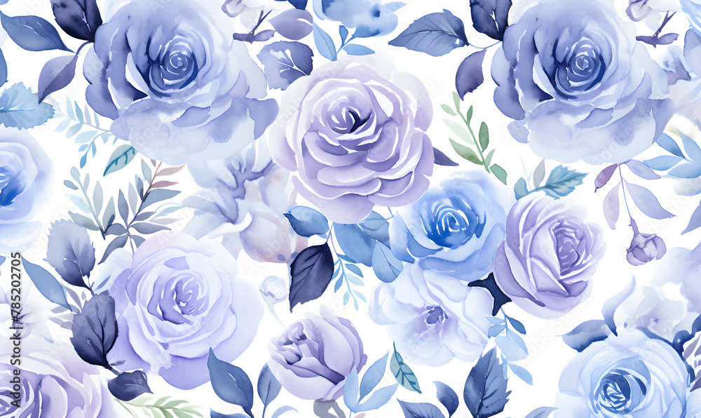 Blue and purple roses pattern, watercolor, Generative AI
