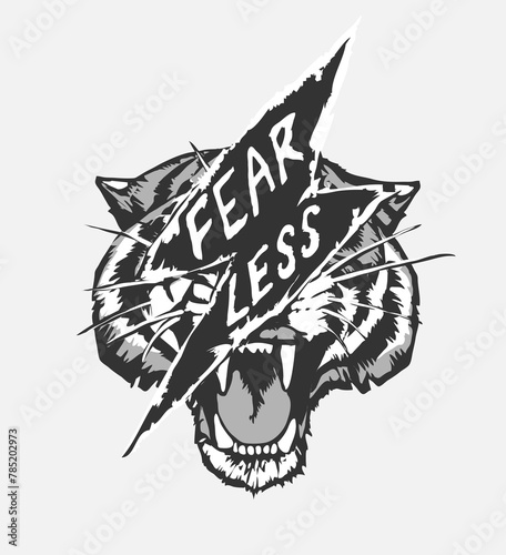 fearless thunder strike slogan on tiger face graphic hand drawn vector illustration