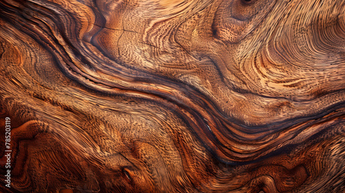 Rich mahogany wood texture with swirling grain patterns. Warm cinnamon brown stained background for luxury design concepts