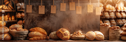 An array of artisan breads under soft lighting with handwritten notes hanging in the background photo