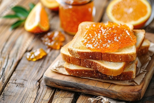 Toast breads with sweet orange jam on wooden table photo