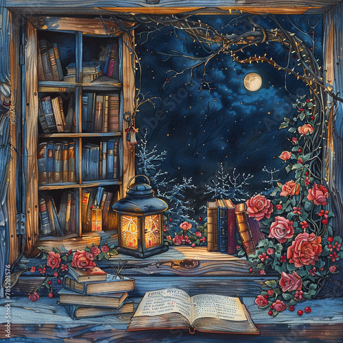 A very beautiful interior with rose flowers, books, lanterns, candles and a window with a winter starry night. Illustrated with colored pencils.