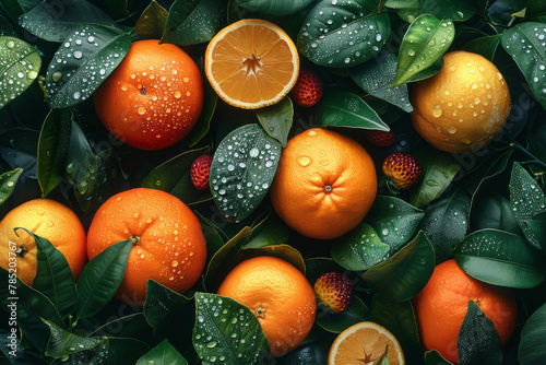 citrus fruits with dew drops, including tangerines, pomelos, and Meyer lemons, nestled in a bed of dark, lush leaves