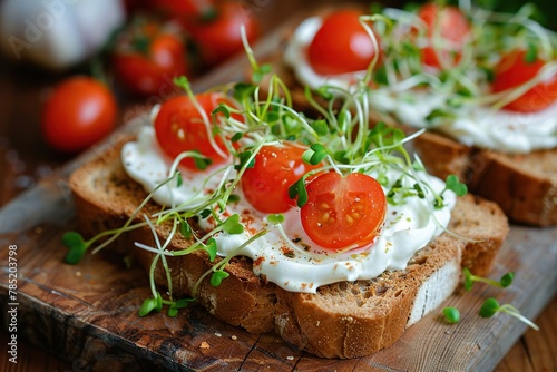 Sandwich with cream cheese, microgreens and tomatoes on wooden table