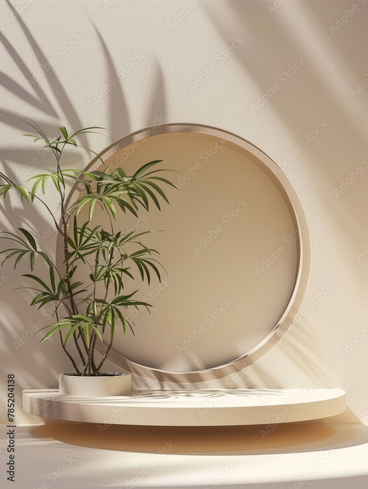 Fototapeta premium empty beige podium with circle frame background for product presentation, featuring plants and minimalistic geometric elements