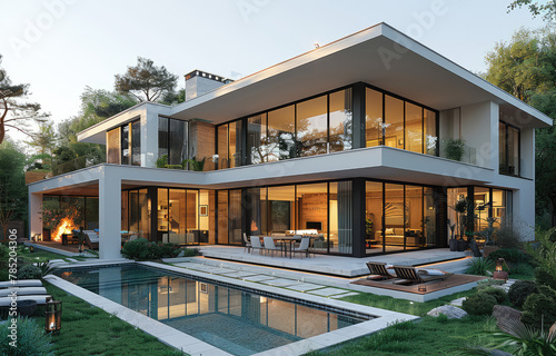 A rendering of the exterior design for an entire two-story modern villa in Miami, featuring white walls and wooden accents with large windows that showcase lush greenery on either side.Created with Ai