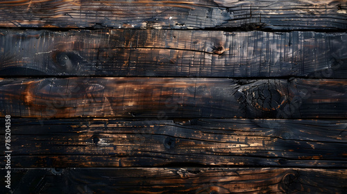 Charred wooden planks with rustic texture. Close-up photography for design and textured background concept photo