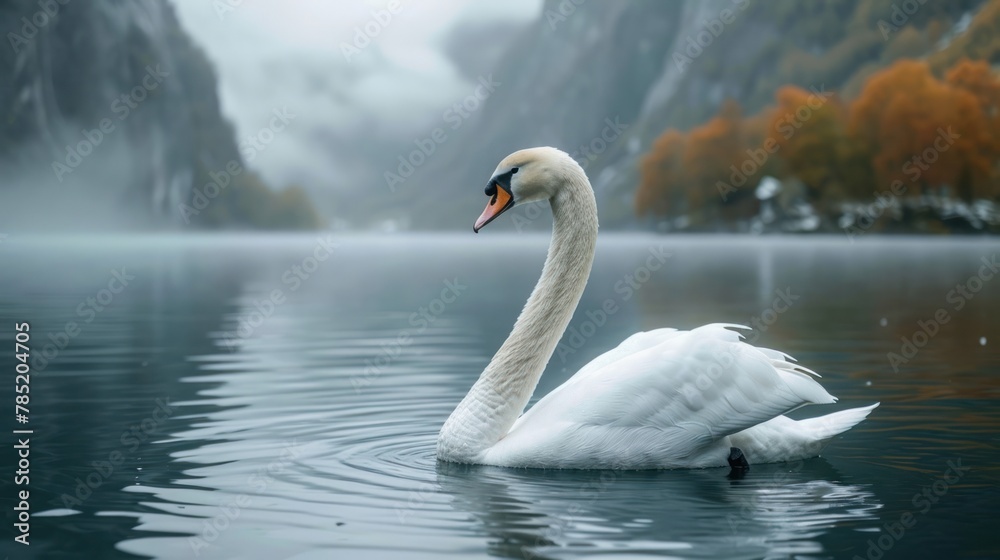Beautiful white swan stretches on the surface of the water in the lake under the mountain