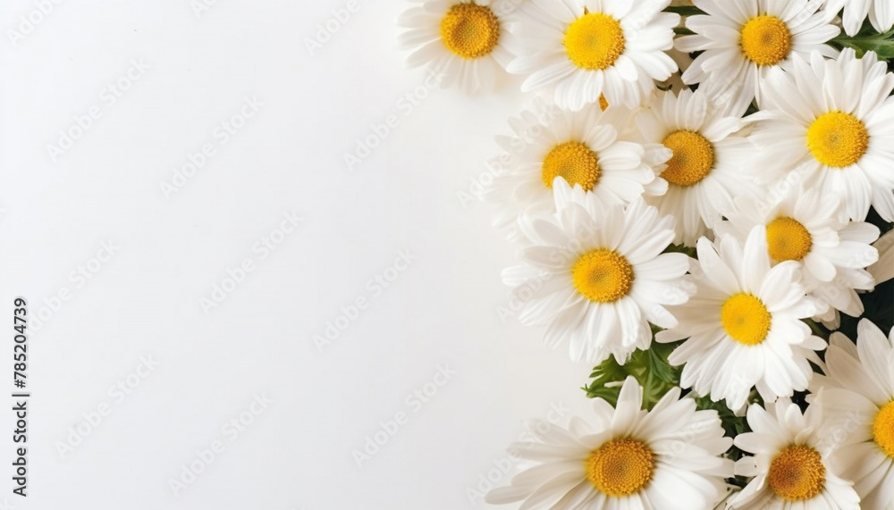 Fototapeta premium Spring frame of small flowers and daisy, floral arrangement, Daisy flowers isolated on white background. Daises with copy space