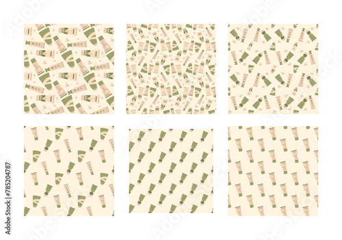 Cosmetics cream for body, hand and face seamless pattern set. Collection of skincare beauty tubes repeat cover. Vector illustration.