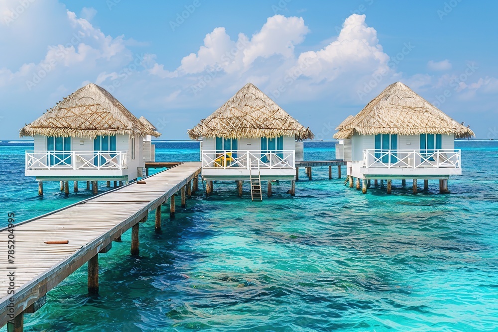 Tropical island with bungalows over water Tropical island with bungalows over water