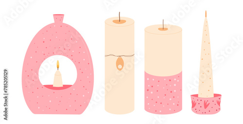 Romantic scented candles set. Handmade aromatic candlelight isolated in white background. Hygge time. Aromatherapy and relaxation home decor. Vector handdrawn illustration