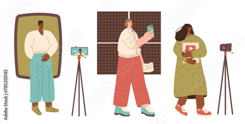 Blogger characters set. Modern teenagers in studio with camera isolated on white background. Popular persons creating content for vlog. Blog and social media influencer. KOL vector illustration.