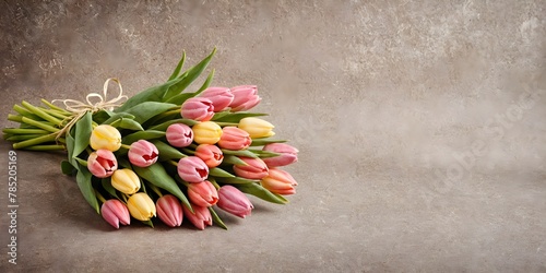 Tulips on the gray background. Colorful Tulips on Concrete with space for copy. A bouquet of flowers for the holiday.