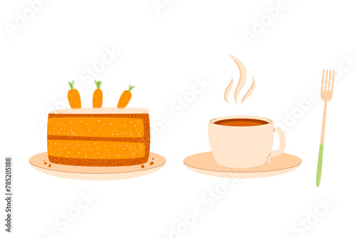 Coffee cup with slice of cake and fork. Sweet bakery piece with hot beverage. Pastry dessert with cream for breakfast. Vector pie and drink illustration isolated on white background