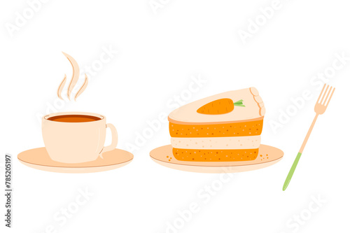 Coffee cup with slice of carrot cake and fork. Sweet bakery piece with hot beverage. Pastry dessert with cream for breakfast. Vector pie and drink illustration isolated on white background.