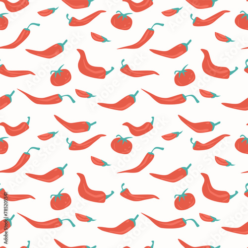 Chili pepper and tomato seamless pattern. Vegetable endless cover. Vector flat illustration. © Syuzann q