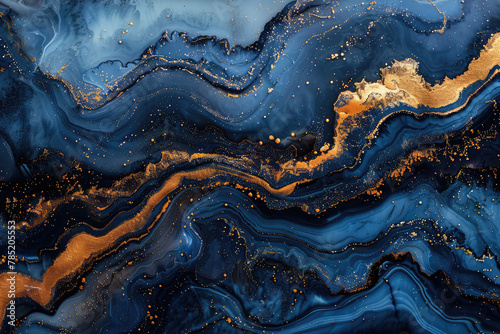 Abstract Blue and Gold marble background, dark blue, gold and black, fluid pattern in the style of no artist. Created with Ai