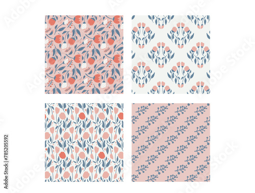 Floral collection seamless pattern. Pink and blue wildflowers endless background set. Botanic loop ornament. Vector hand drawn illustration.