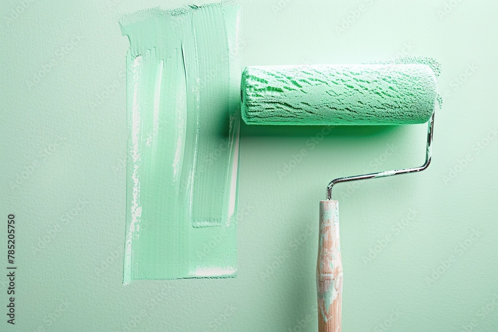 Obraz premium Roller brush with green paint on the wall