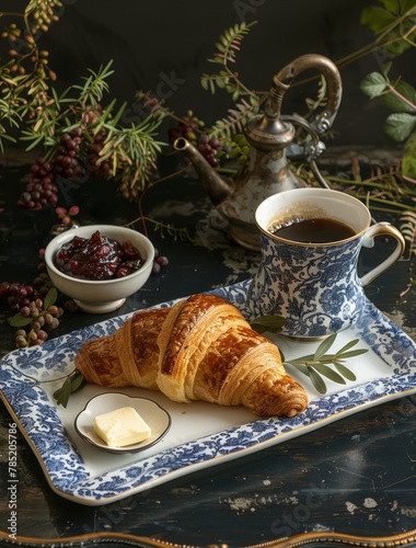 A Croissant and Coffee on Blue and White Plate