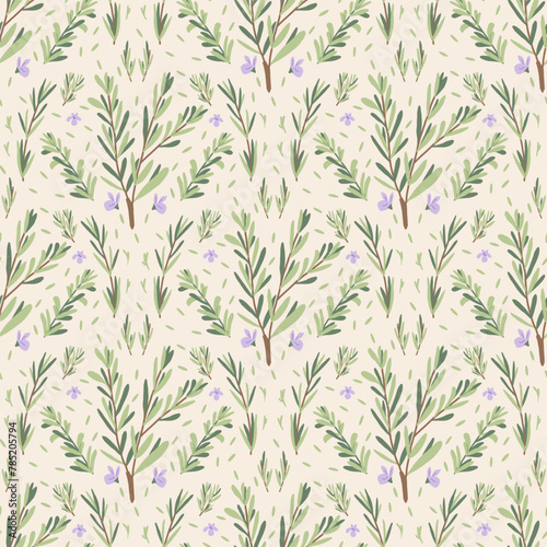 Rosemary herbs branch seamless pattern. Rosemary plant green leaves repeat background. Botanic wildflowers endless cover. Vector hand drawn illustration.