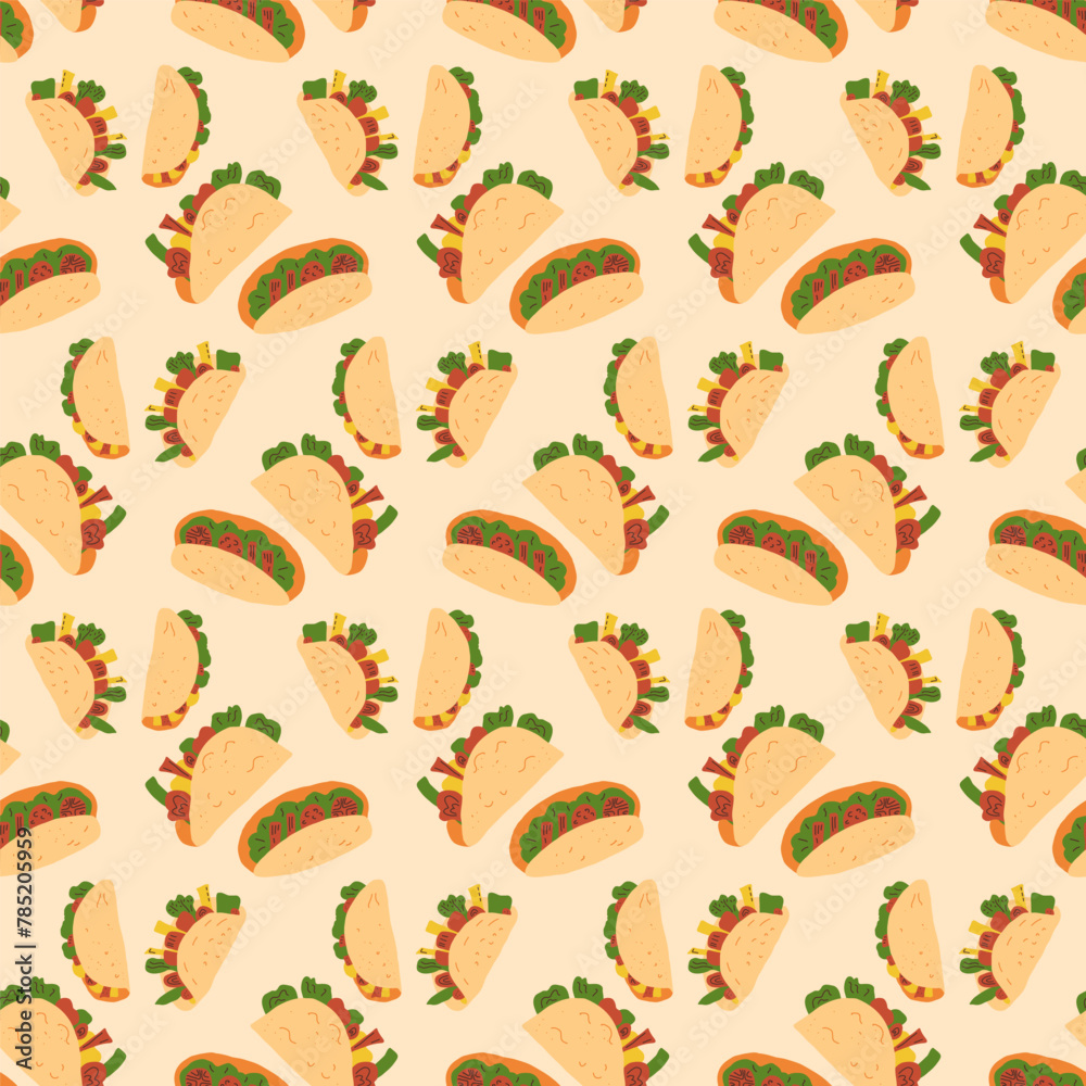 Mexican fast food seamless pattern. Tacos endless background. Grilled beef with vegetable sandwich repeat cover. Vector illustration. Mexican fast food seamless pattern. Tacos endless background. Grilled beef with vegetable sandwich repeat cover. Vector illustration.