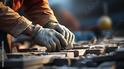 Close-up of the hands of an industrial bricklayer installing bricks on a construction site