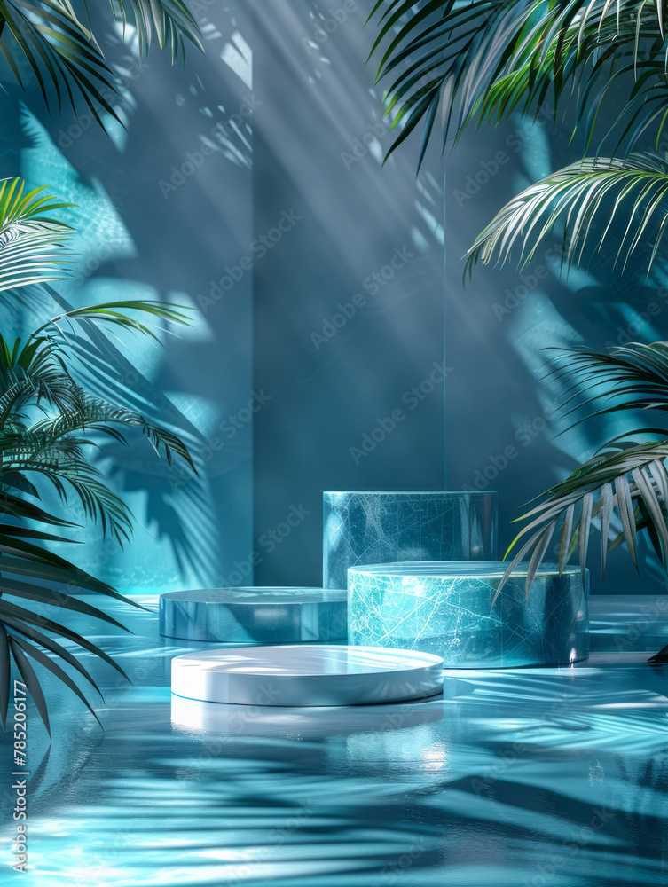 Fototapeta premium A sleek, modern mockup podium set collection displayed in a vibrant blue tone, surrounded by elegant palm leaves on an abstract background