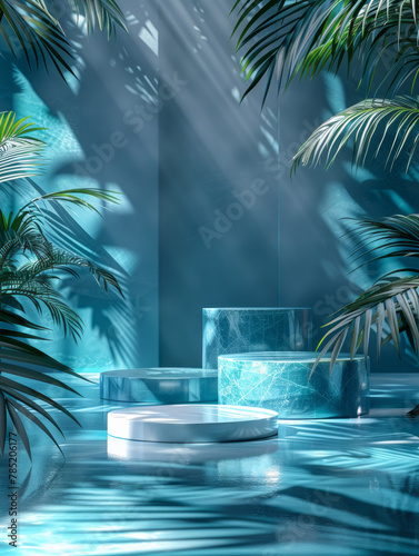 A sleek, modern mockup podium set collection displayed in a vibrant blue tone, surrounded by elegant palm leaves on an abstract background © standret
