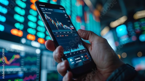 Crypto trader investor broker using cell phone app performing financial stock market trading