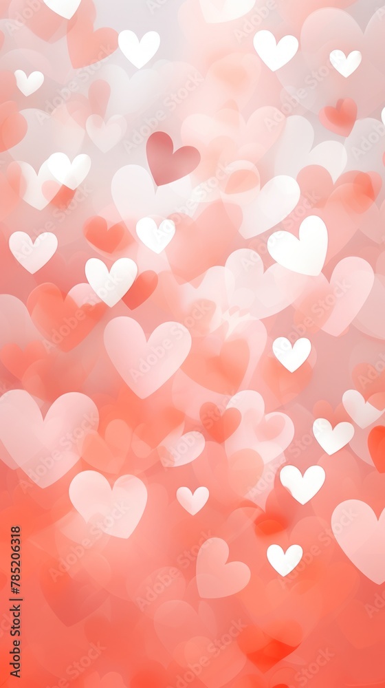 Light coral background with white hearts, Valentine's Day banner with space for copy, coral gradient, softly focused edges, blurred