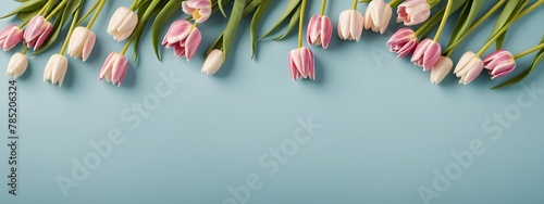 Vibrant tulips arranged on a soft background, a spring image. Valentine's Day, Easter, Birthday, Happy Women's Day, Mother's Day, Birthday, Celebration, etc. #785206324