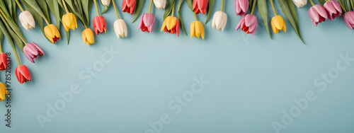 Vibrant tulips arranged on a soft background, a spring image. Valentine's Day, Easter, Birthday, Happy Women's Day, Mother's Day, Birthday, Celebration, etc. #785206378