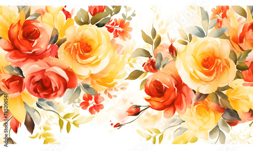 Red and yellow roses pattern  watercolor  Generative AI